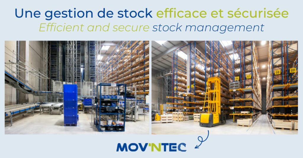 Pour optimiser la gestion de stocks, Mov’ntec utilise un transstockeur de 18000 emplacements. Ce dispositif automatisé permet de ranger et de transporter des bacs de différentes tailles dans un rack à grande hauteur.  