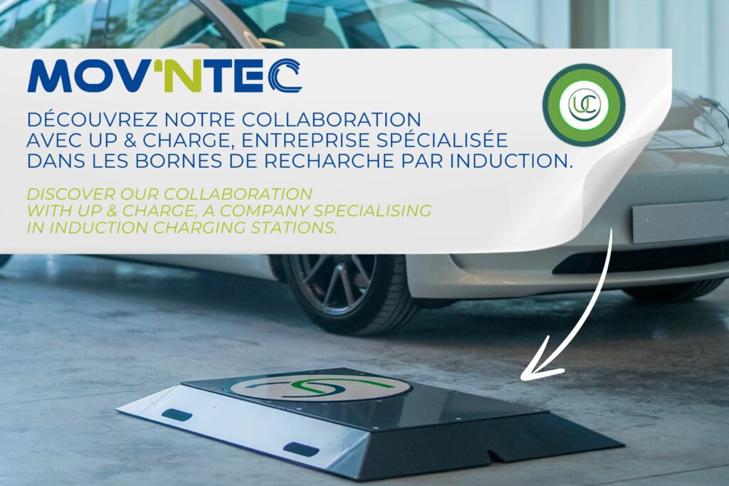 borne de charge en photo avec ce texte : découvrez notre collaboration avec Up & Charge, entreprise spécialisée dans les bornes de recharche par induction.